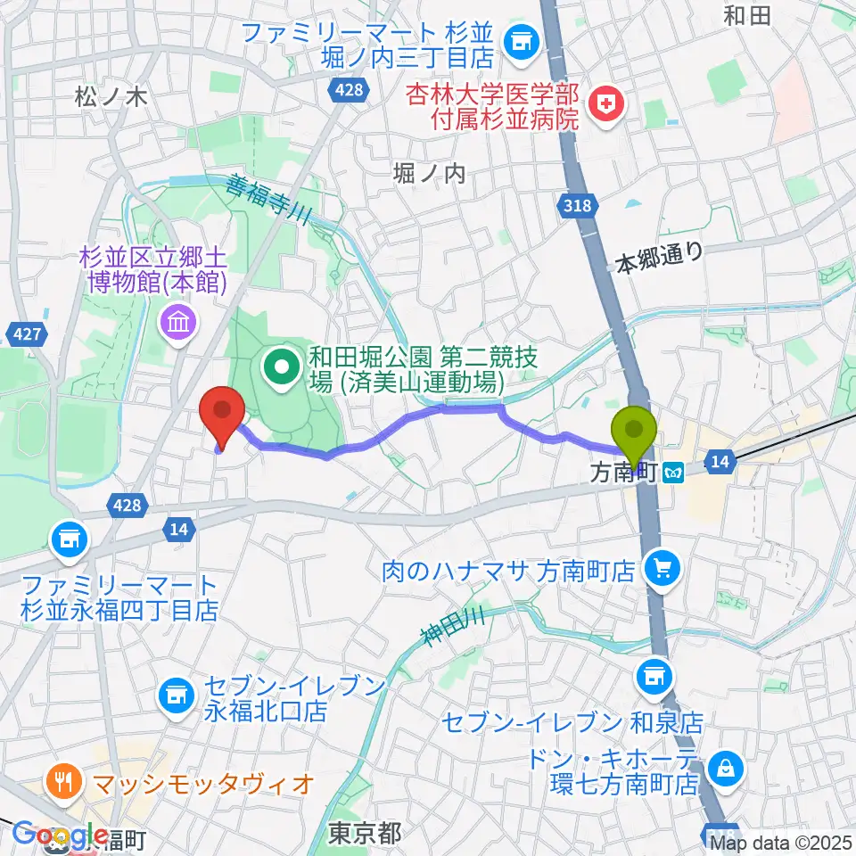 Salon Oの最寄駅方南町駅からの徒歩ルート（約15分）地図