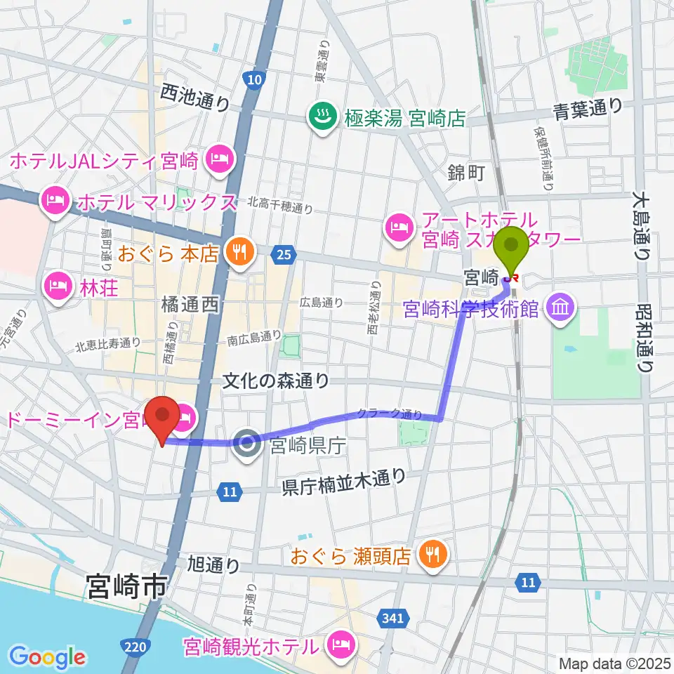 CDプレス匠の最寄駅宮崎駅からの徒歩ルート（約19分）地図