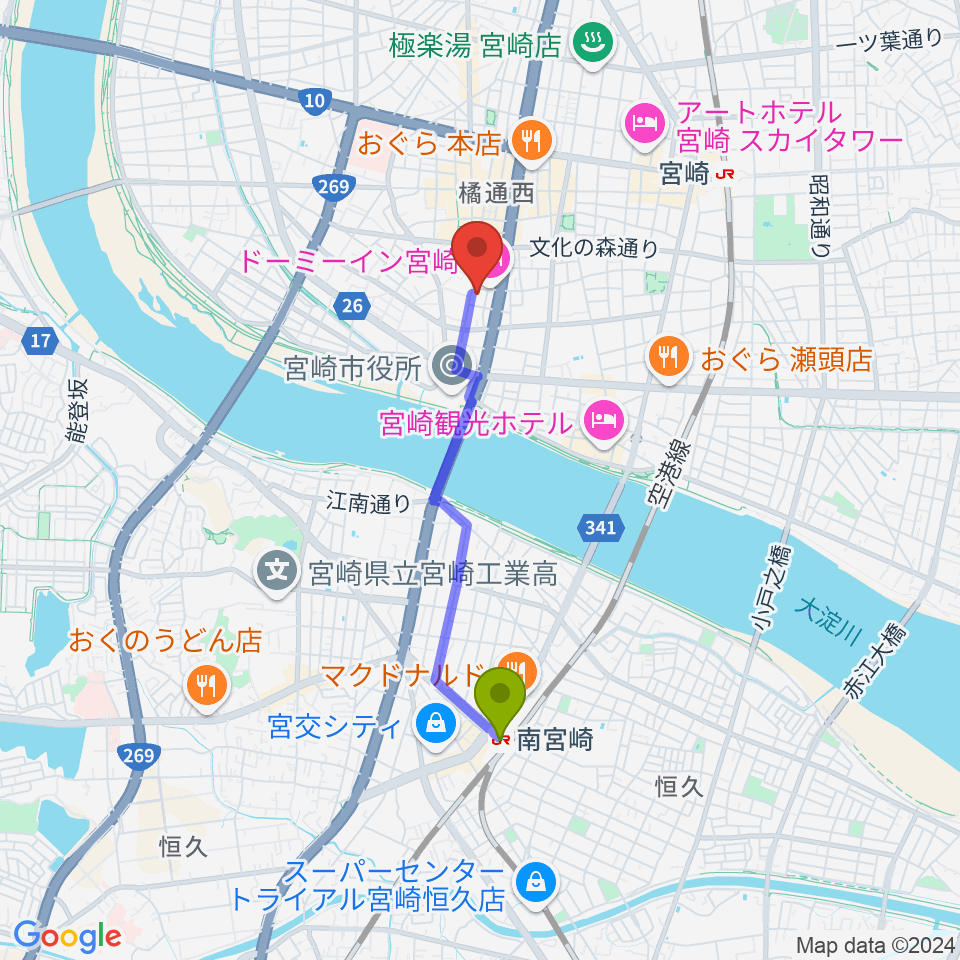 南宮崎駅からCDプレス匠へのルートマップ地図