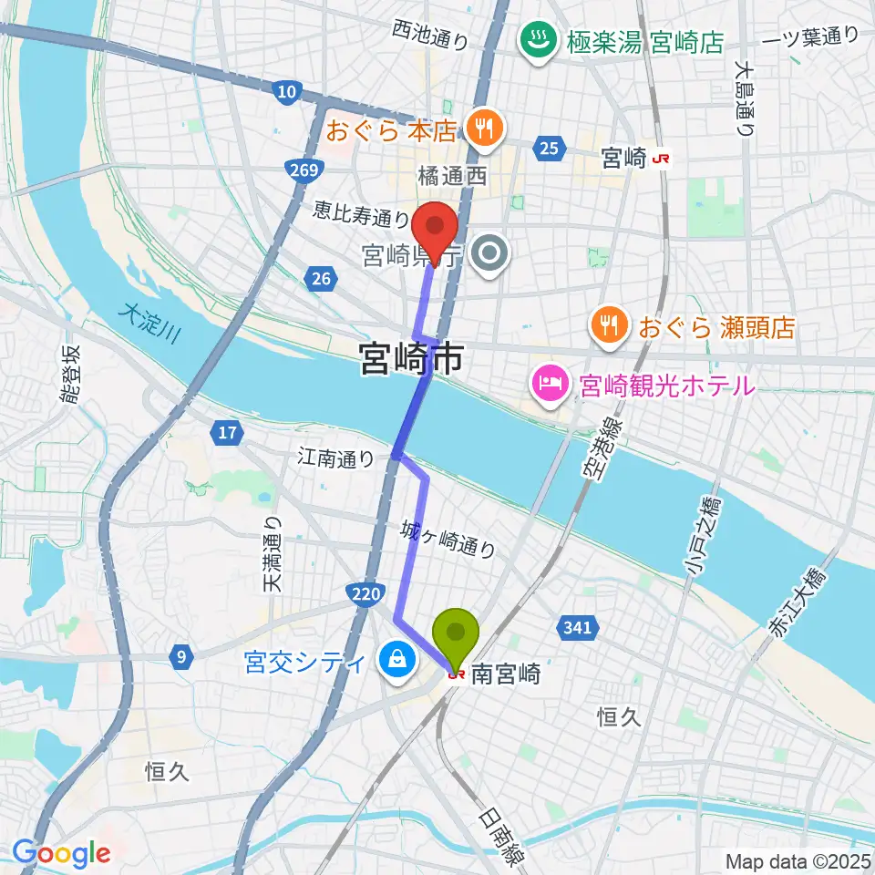 南宮崎駅からCDプレス匠へのルートマップ地図