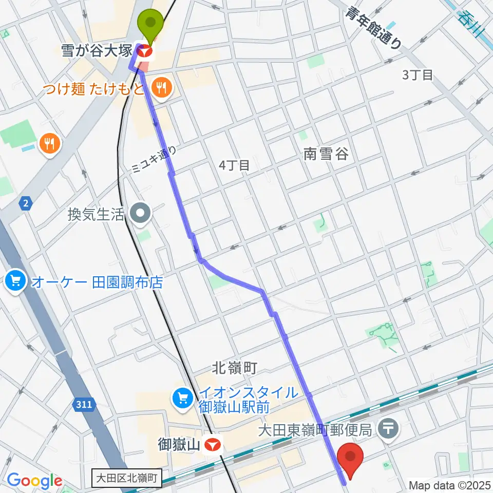 雪が谷大塚駅からエミイ音楽教室へのルートマップ地図