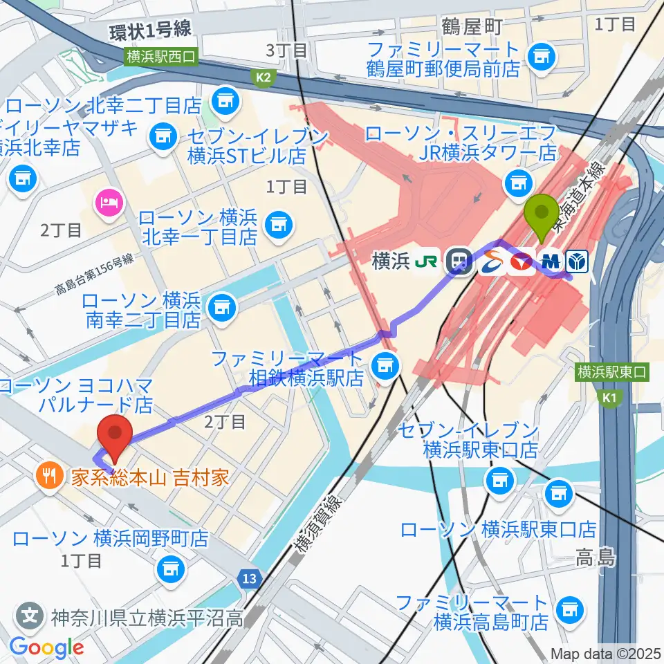 横浜駅から横浜ギタースクールへのルートマップ地図
