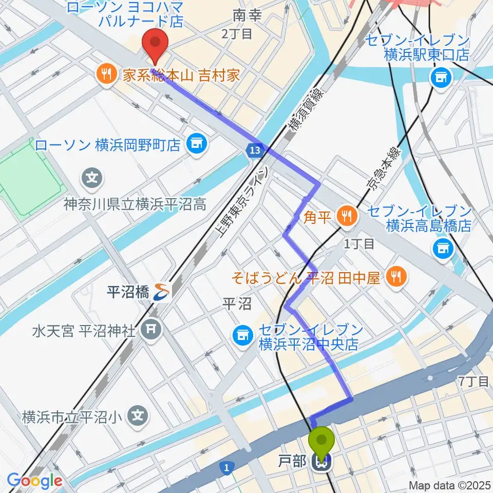 戸部駅から横浜ギタースクールへのルートマップ地図