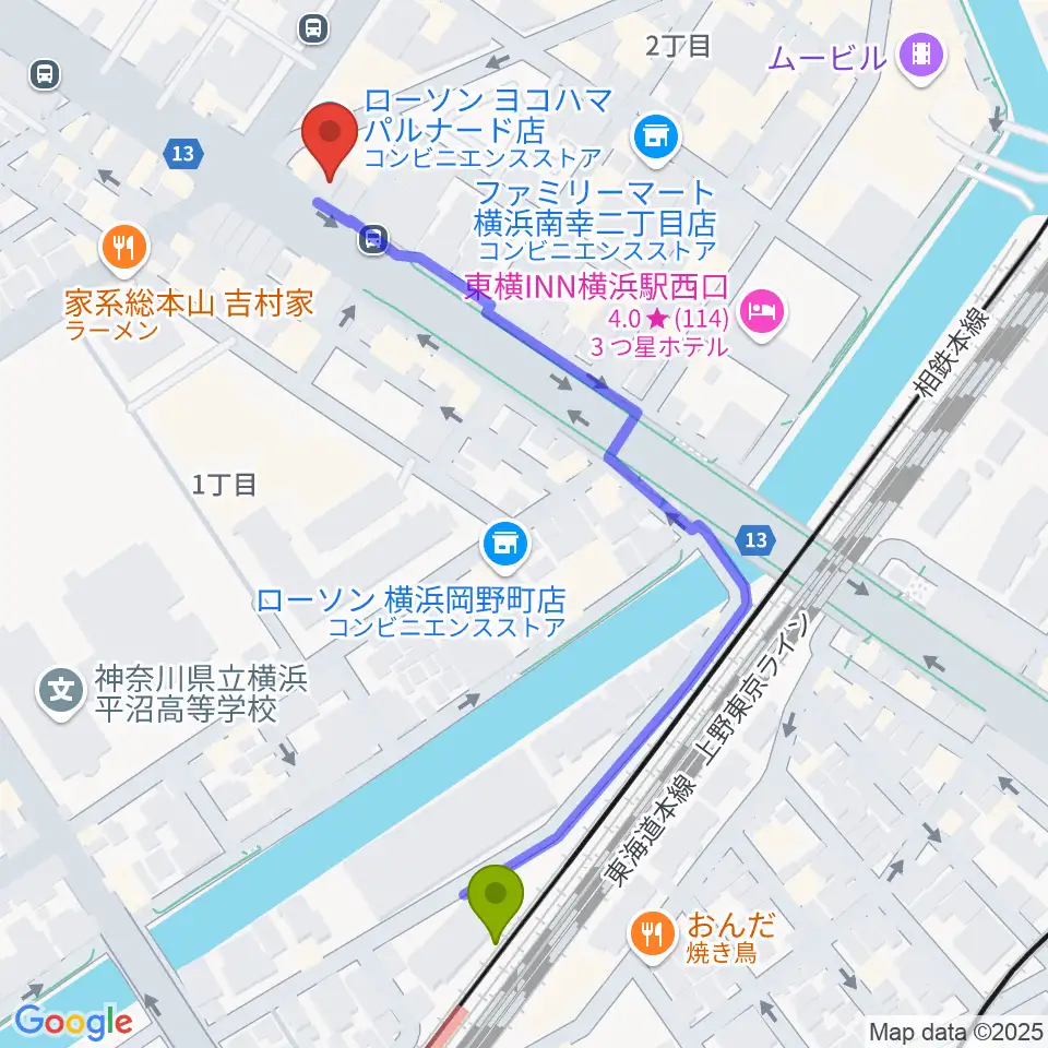 横浜ギタースクールの最寄駅平沼橋駅からの徒歩ルート（約6分）地図