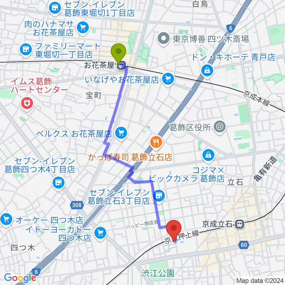 お花茶屋駅からあきこピアノ教室へのルートマップ地図