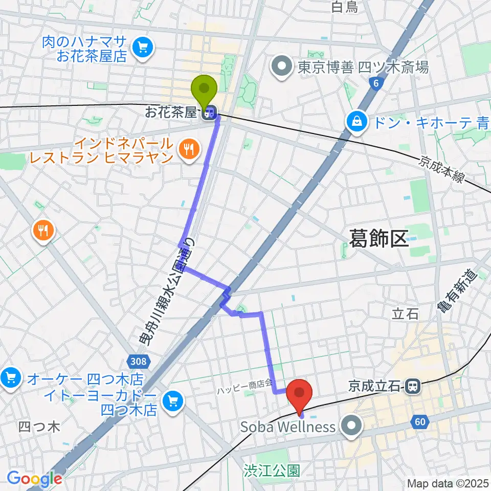 お花茶屋駅からあきこピアノ教室へのルートマップ地図