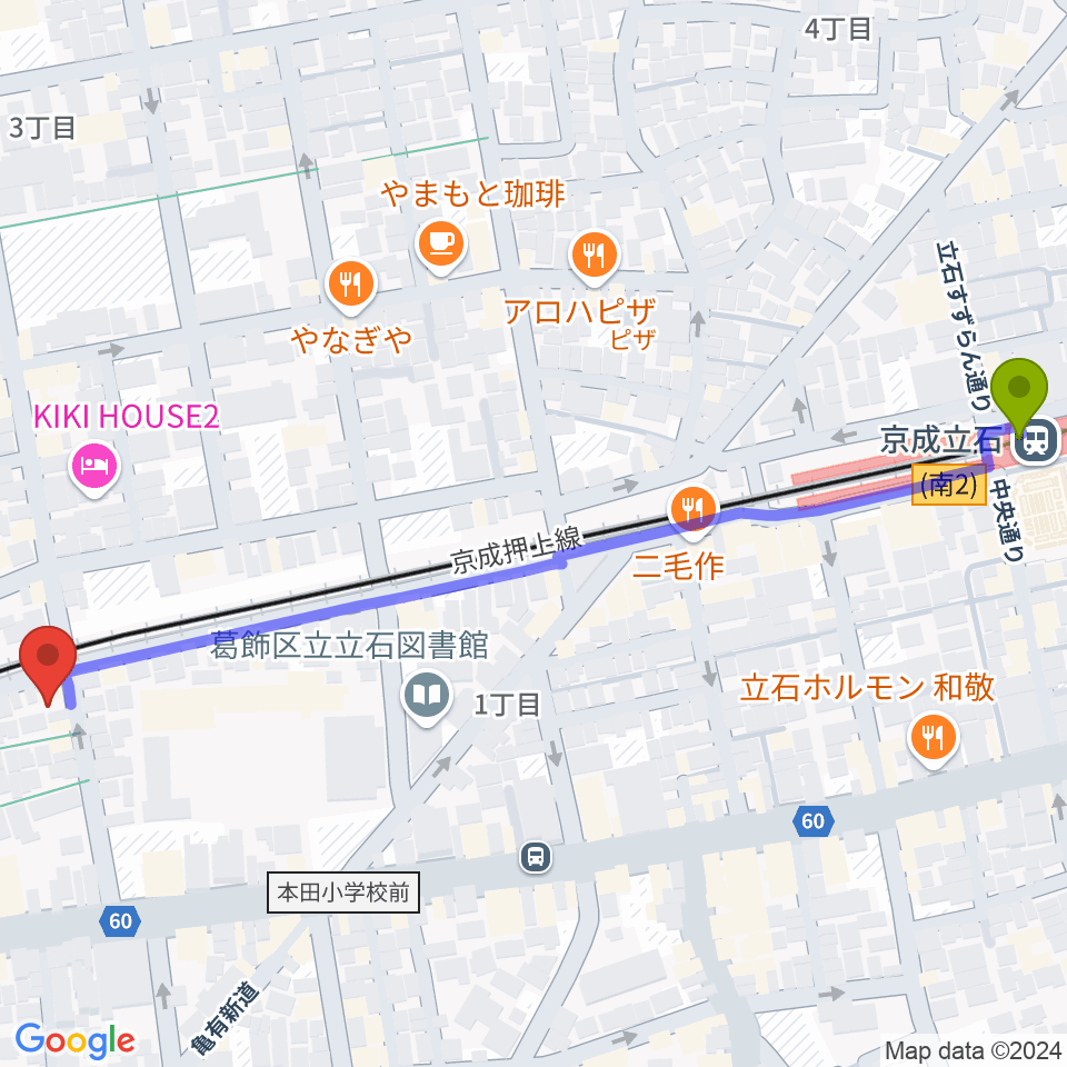 あきこピアノ教室の最寄駅京成立石駅からの徒歩ルート（約7分）地図