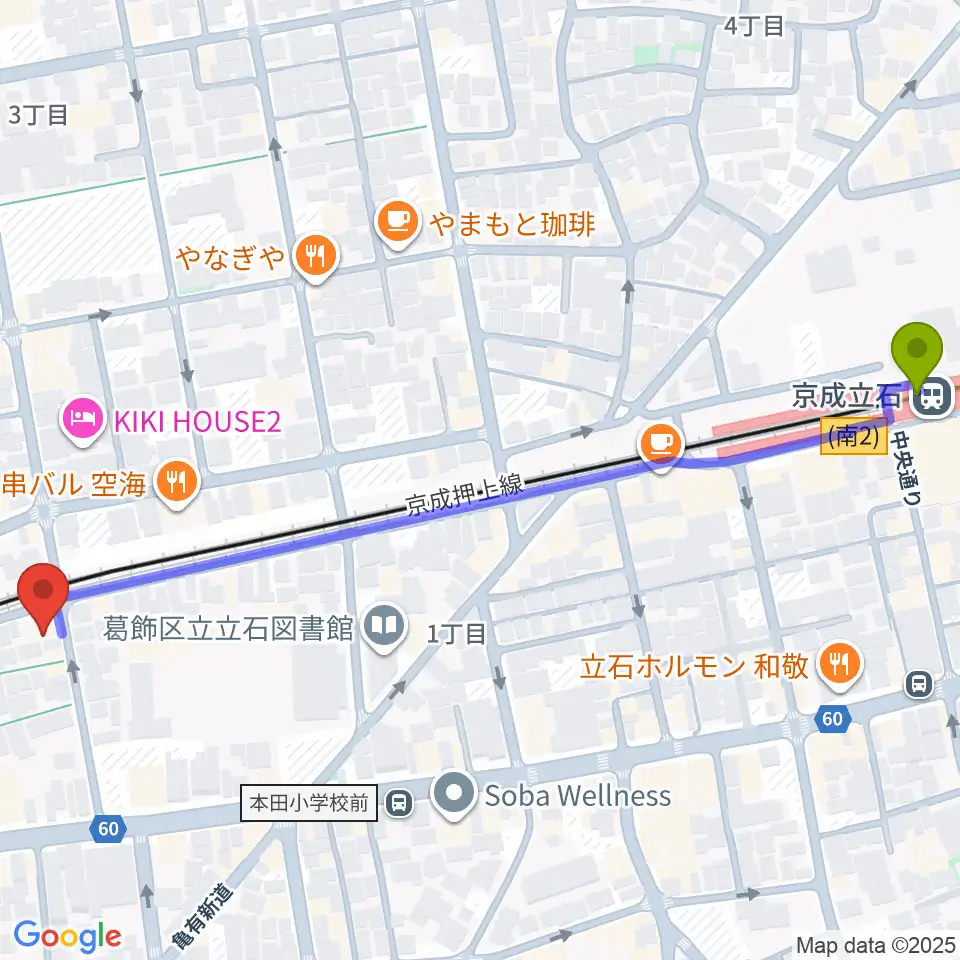 あきこピアノ教室の最寄駅京成立石駅からの徒歩ルート（約7分）地図