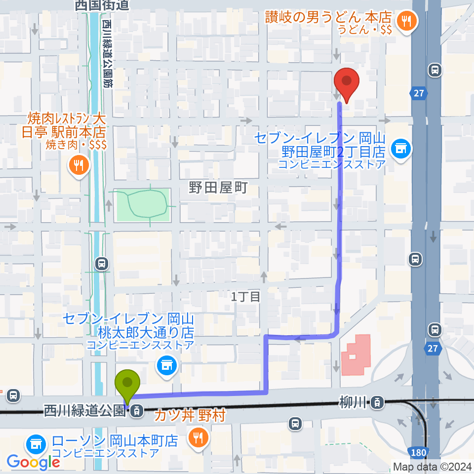 西川緑道公園駅からROCK FIELDへのルートマップ地図