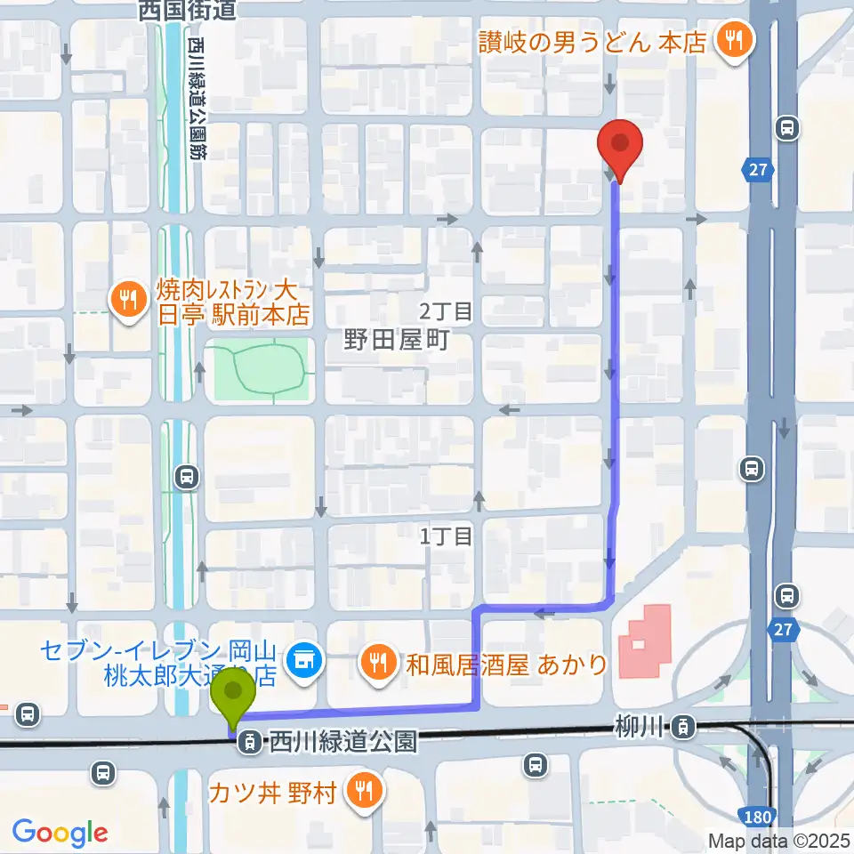 西川緑道公園駅からROCK FIELDへのルートマップ地図