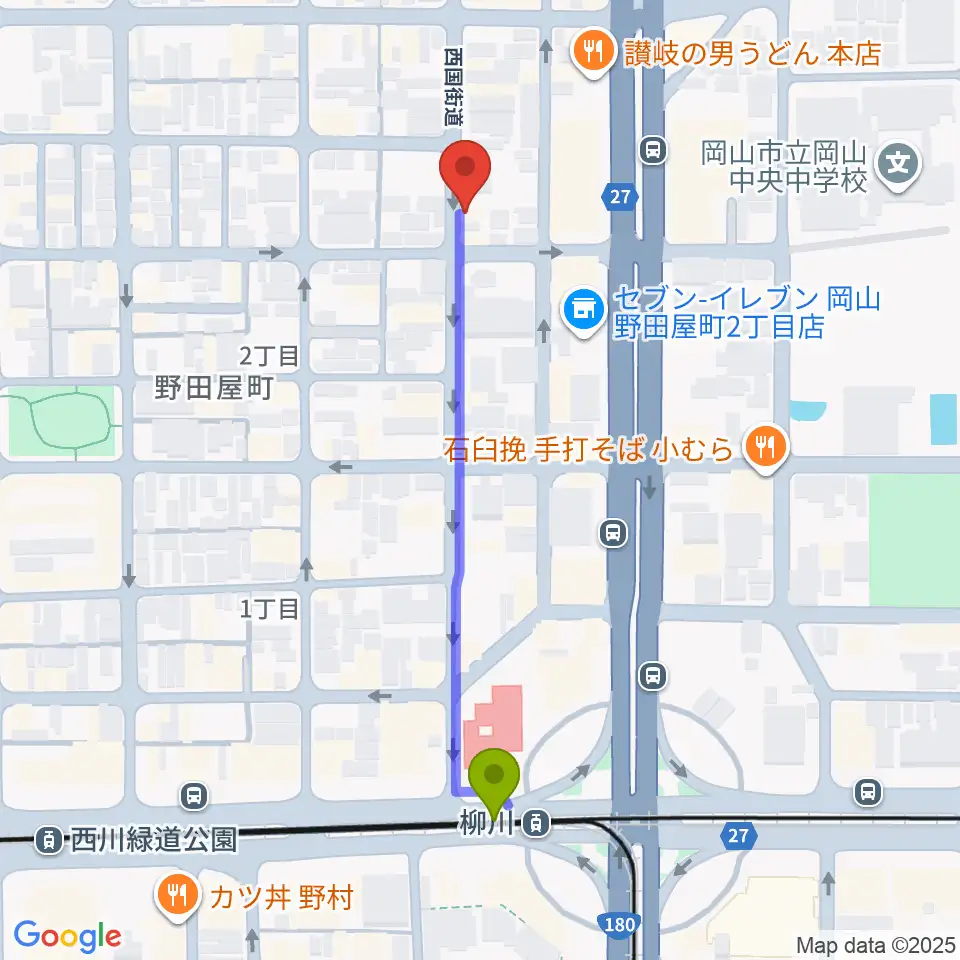 ROCK FIELDの最寄駅柳川駅からの徒歩ルート（約5分）地図