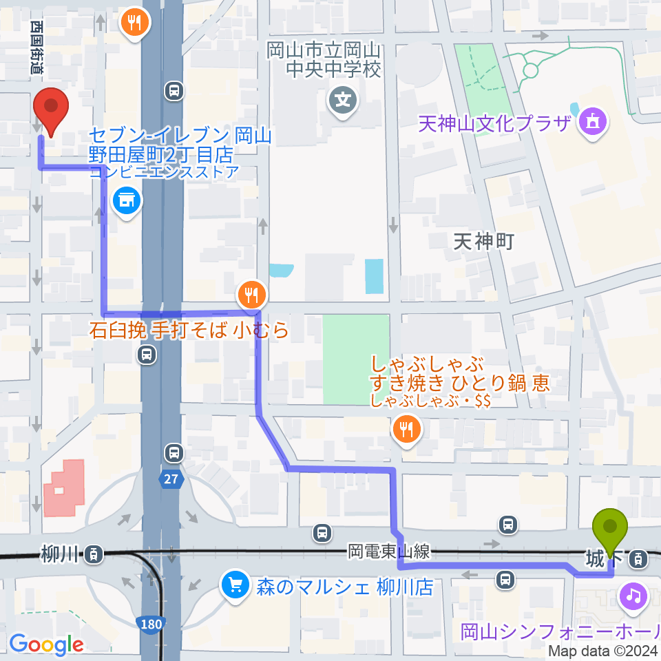 城下駅からROCK FIELDへのルートマップ地図