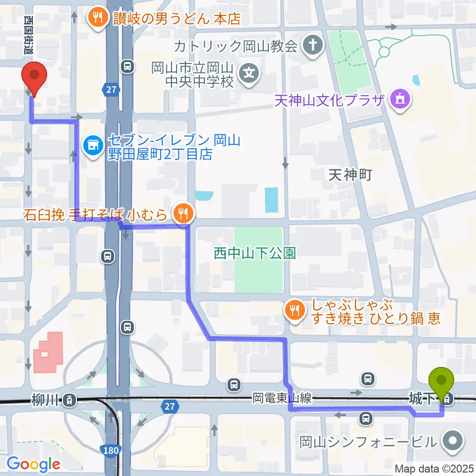 城下駅からROCK FIELDへのルートマップ地図