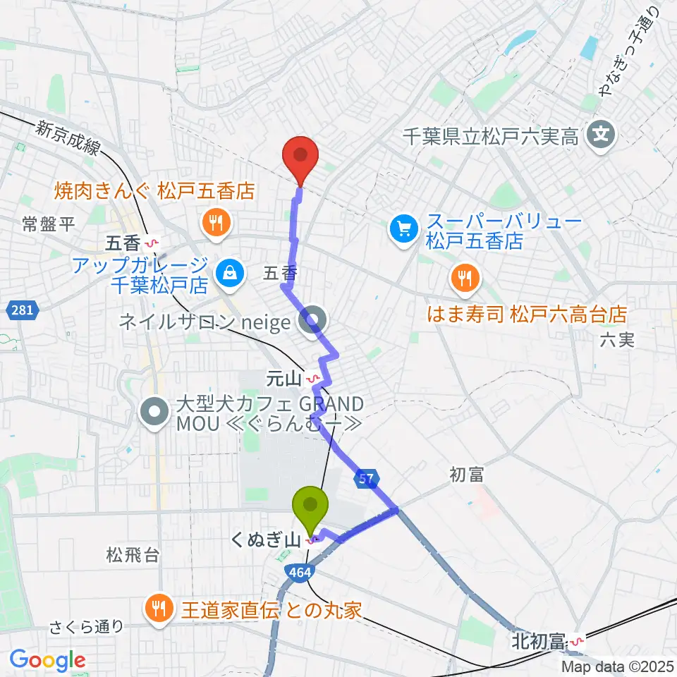 くぬぎ山駅からKSK松戸音楽教室へのルートマップ地図