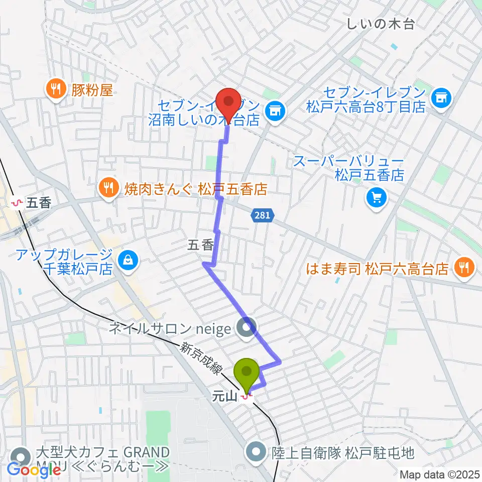 元山駅からKSK松戸音楽教室へのルートマップ地図