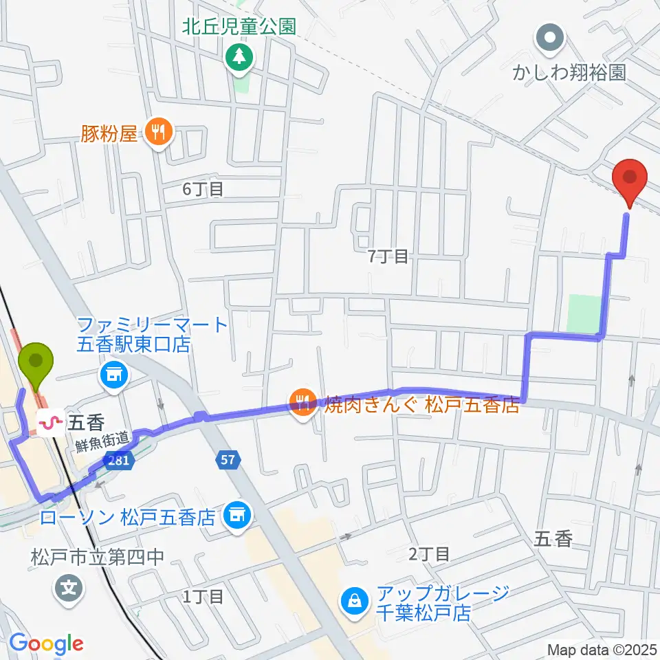 KSK松戸音楽教室の最寄駅五香駅からの徒歩ルート（約15分）地図