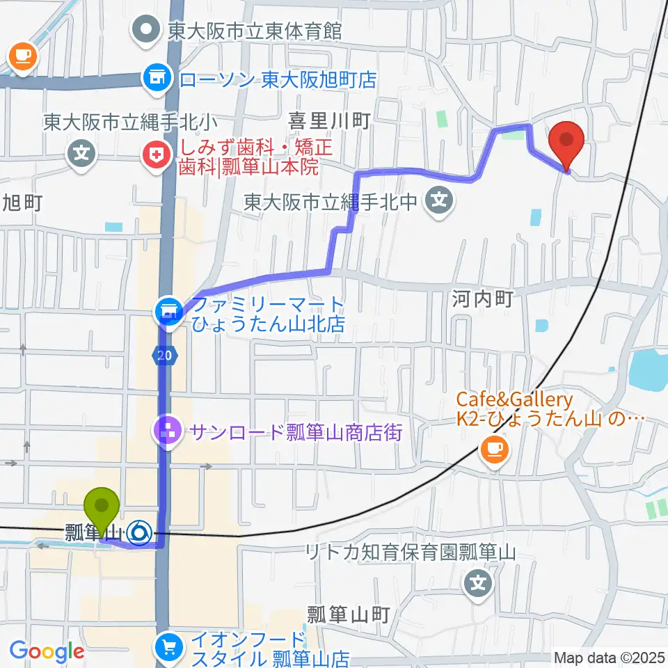 瓢箪山駅から木村ギター教室へのルートマップ地図