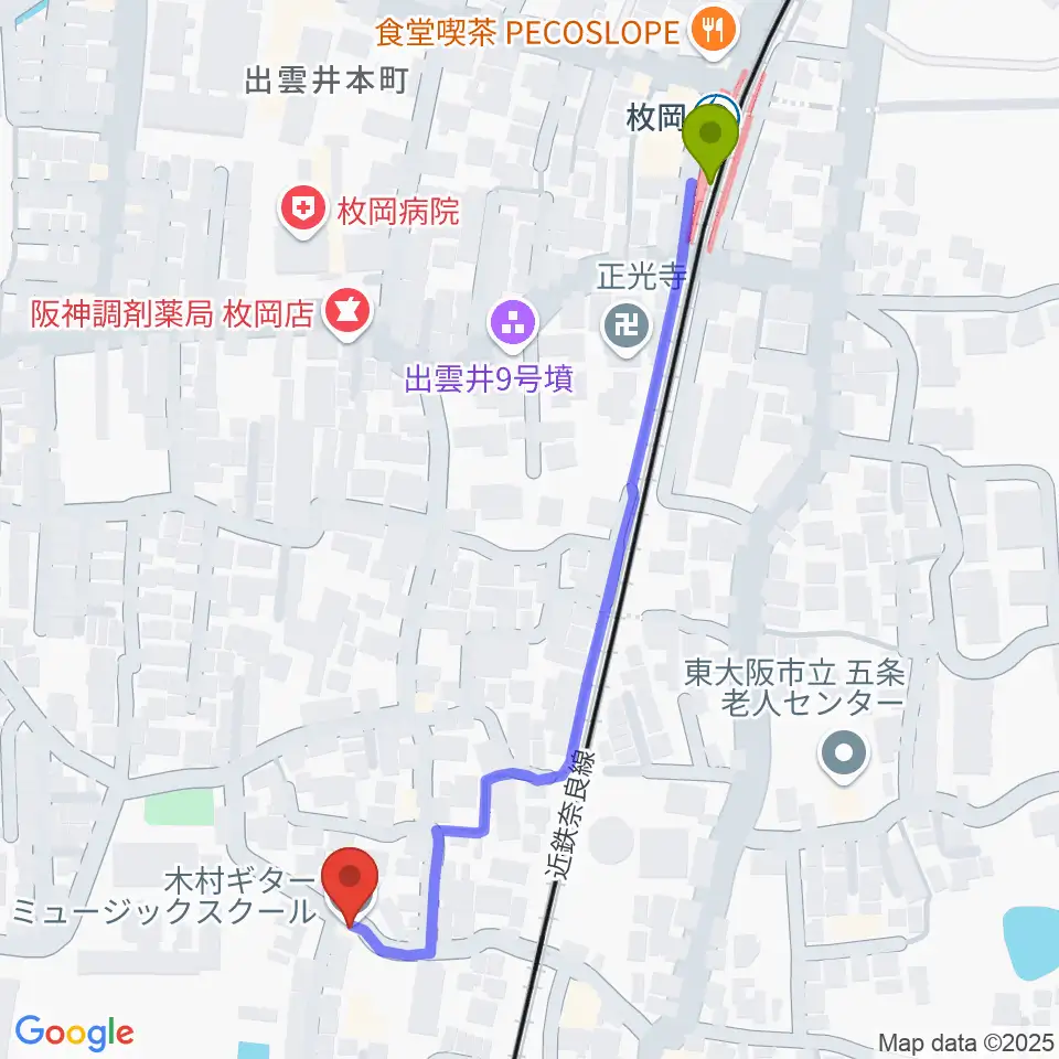 木村ギター教室の最寄駅枚岡駅からの徒歩ルート（約6分）地図