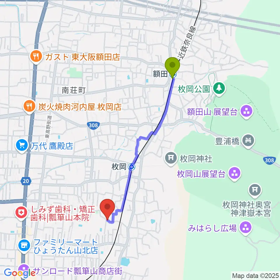 額田駅から木村ギター教室へのルートマップ地図