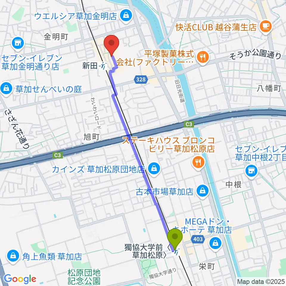 獨協大学前〈草加松原〉駅から本木音楽教室へのルートマップ地図