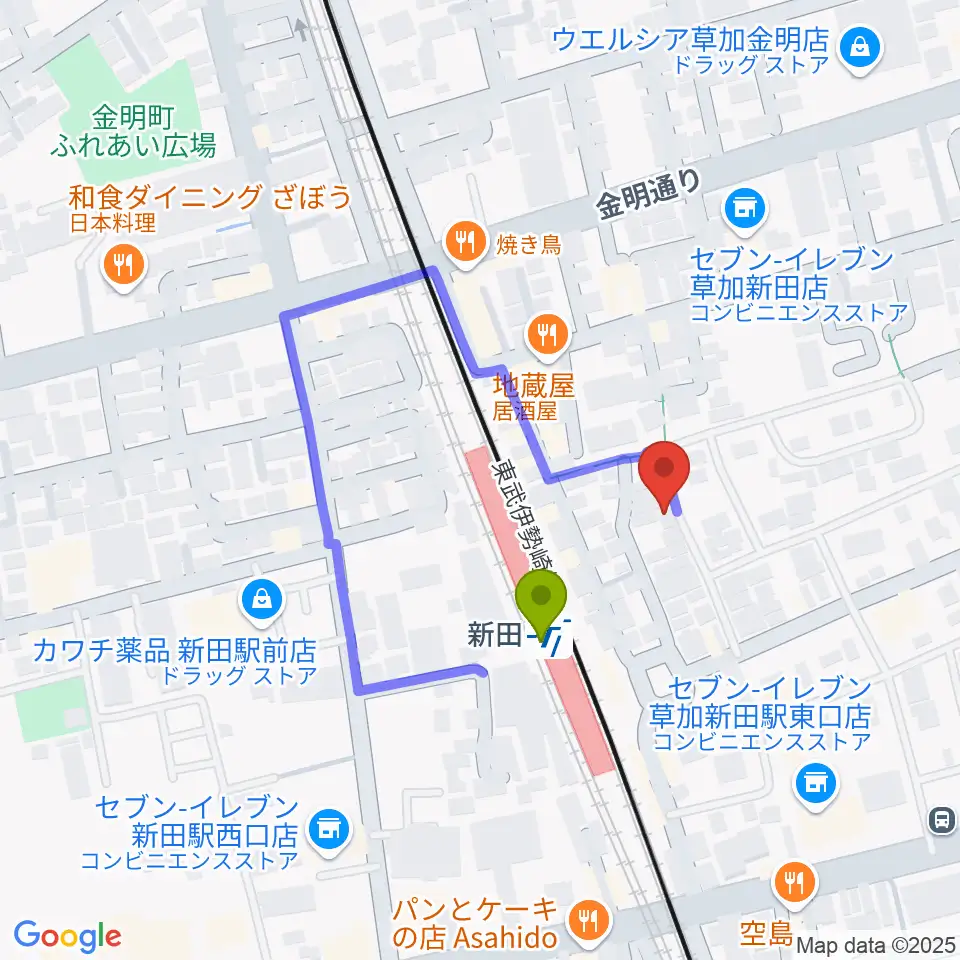 本木音楽教室の最寄駅新田駅からの徒歩ルート（約1分）地図