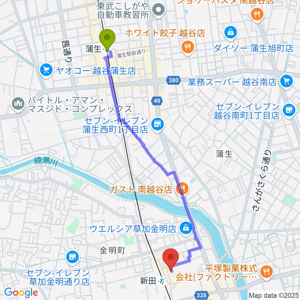 蒲生駅から本木音楽教室へのルートマップ地図