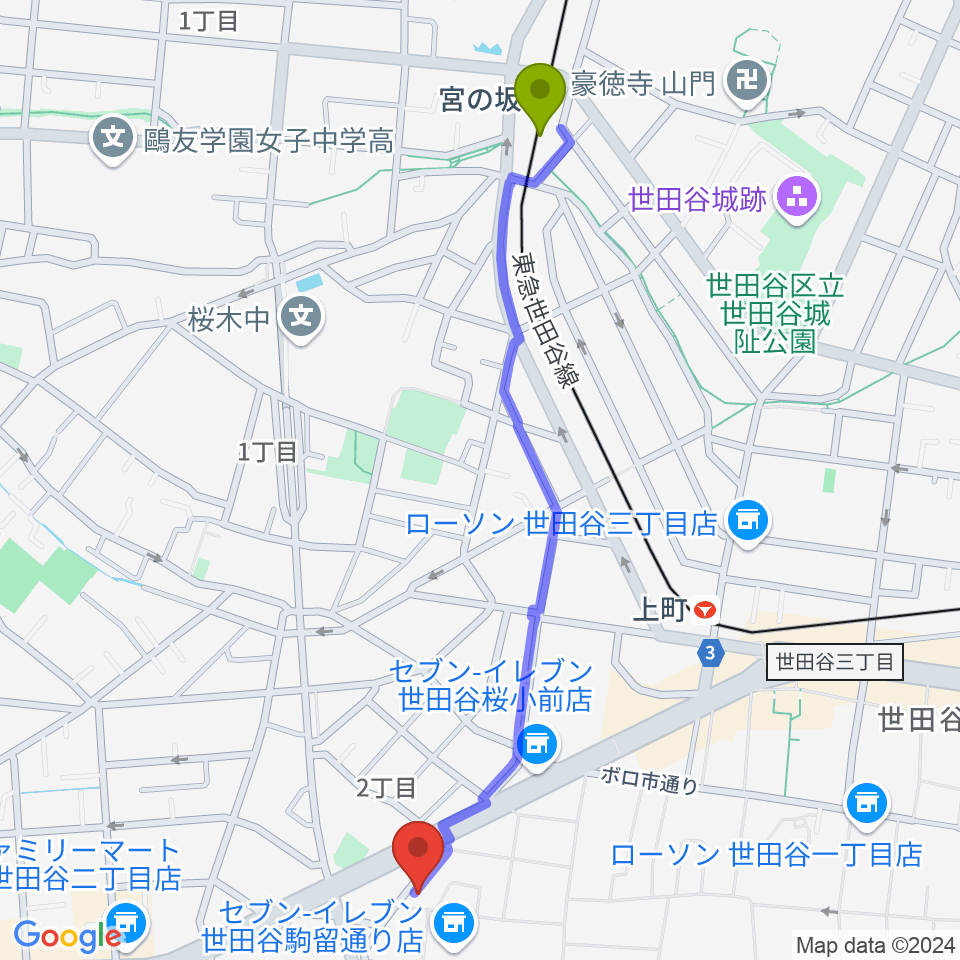 宮の坂駅からハイエースサウンドシステムズへのルートマップ地図