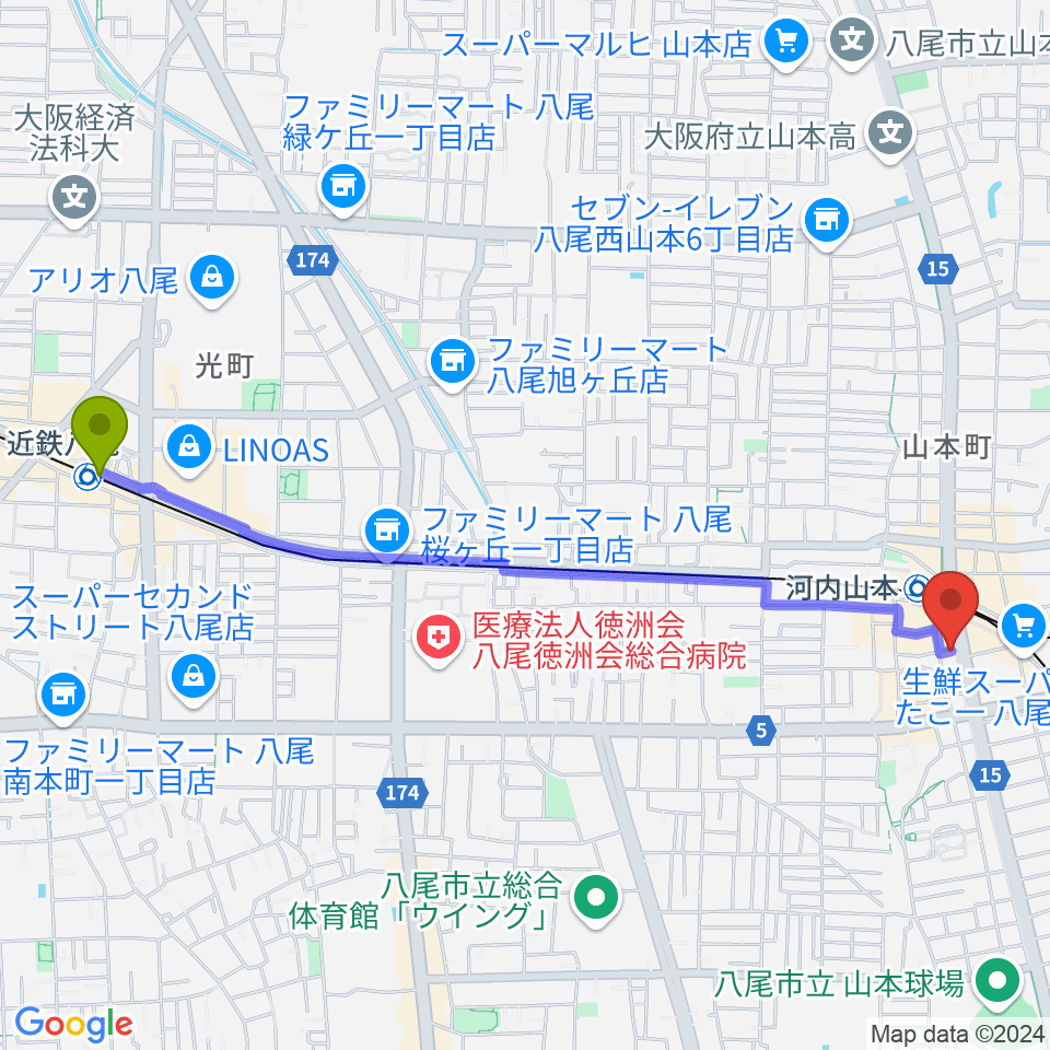 近鉄八尾駅からF2音楽教室へのルートマップ地図