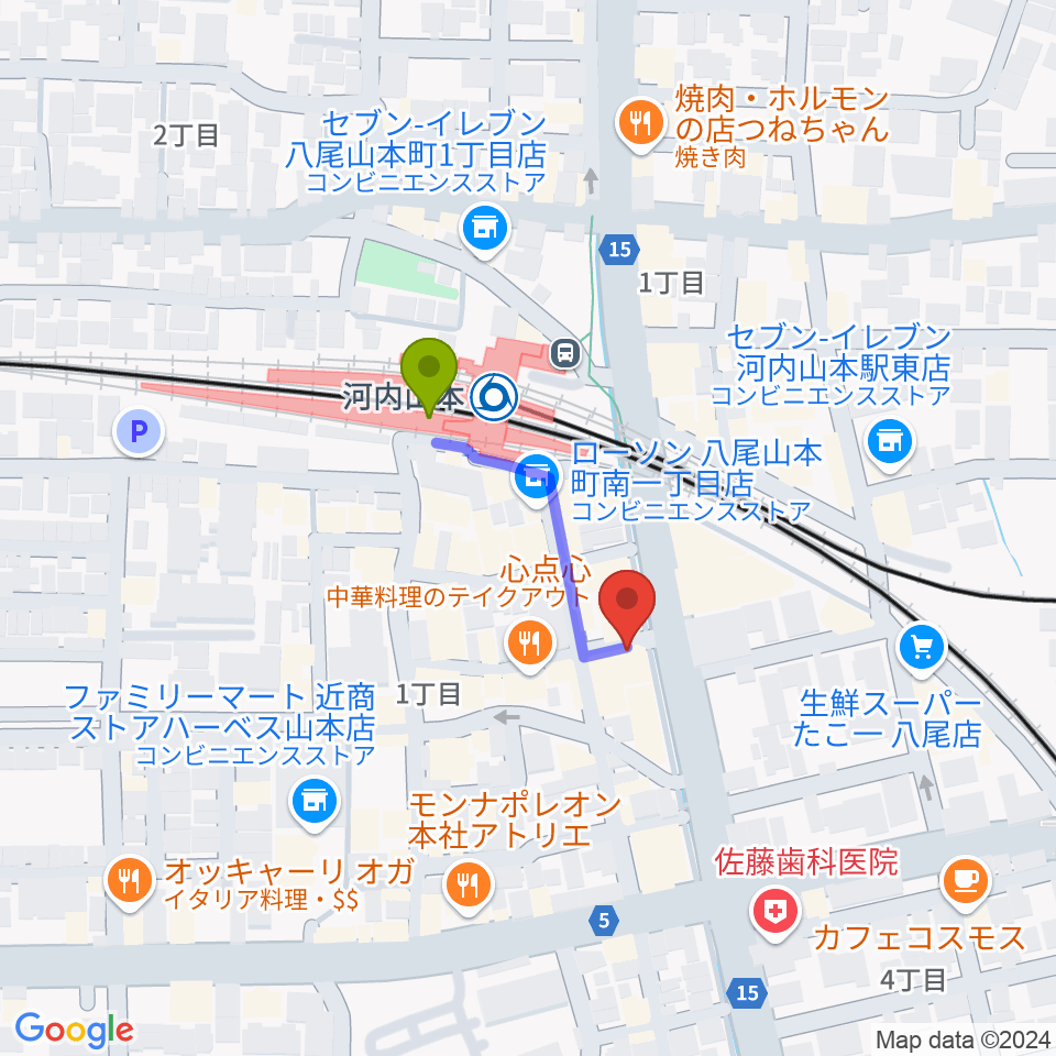 F2音楽教室の最寄駅河内山本駅からの徒歩ルート（約2分）地図