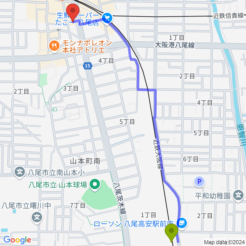 高安駅からF2音楽教室へのルートマップ地図