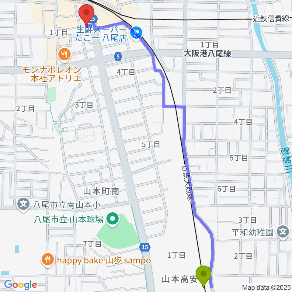 高安駅からF2おんがく教室へのルートマップ地図