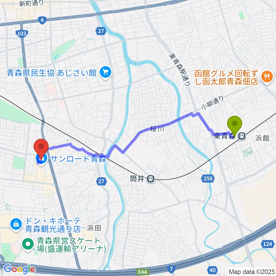 東青森駅からカルチャーセンターRAB学苑へのルートマップ地図