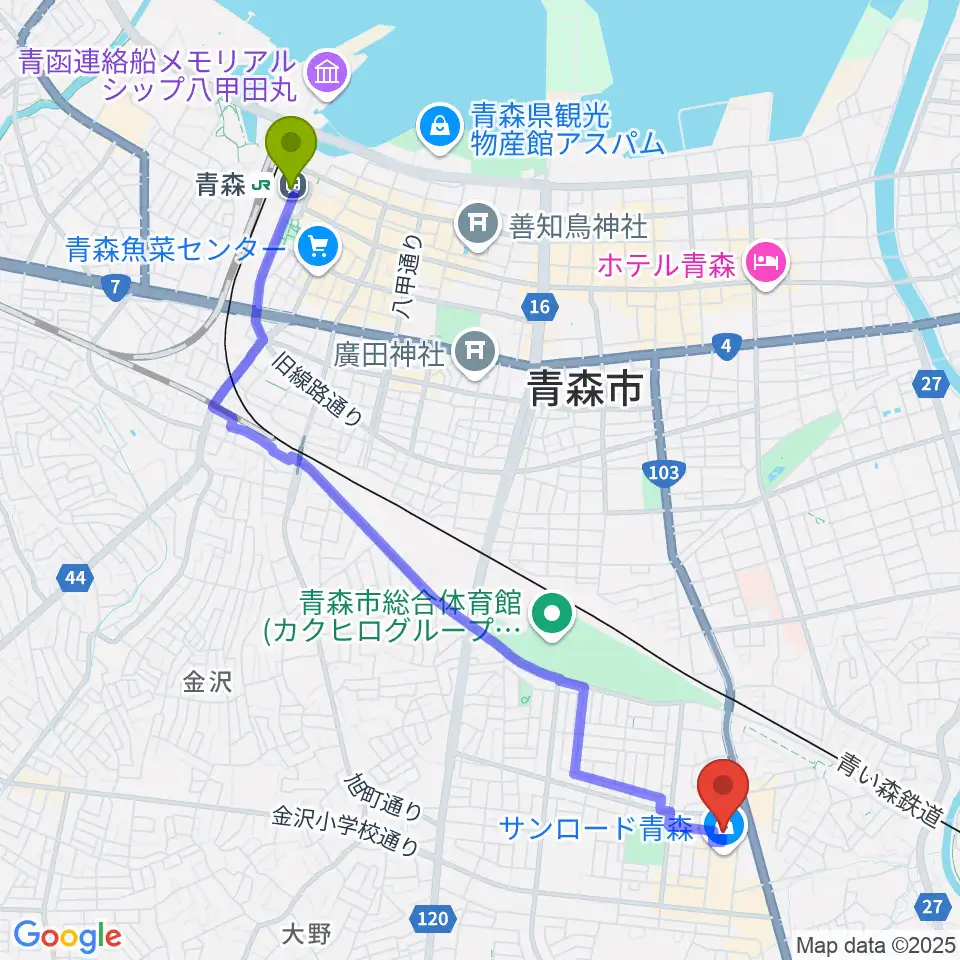 青森駅からカルチャーセンターRAB学苑へのルートマップ地図