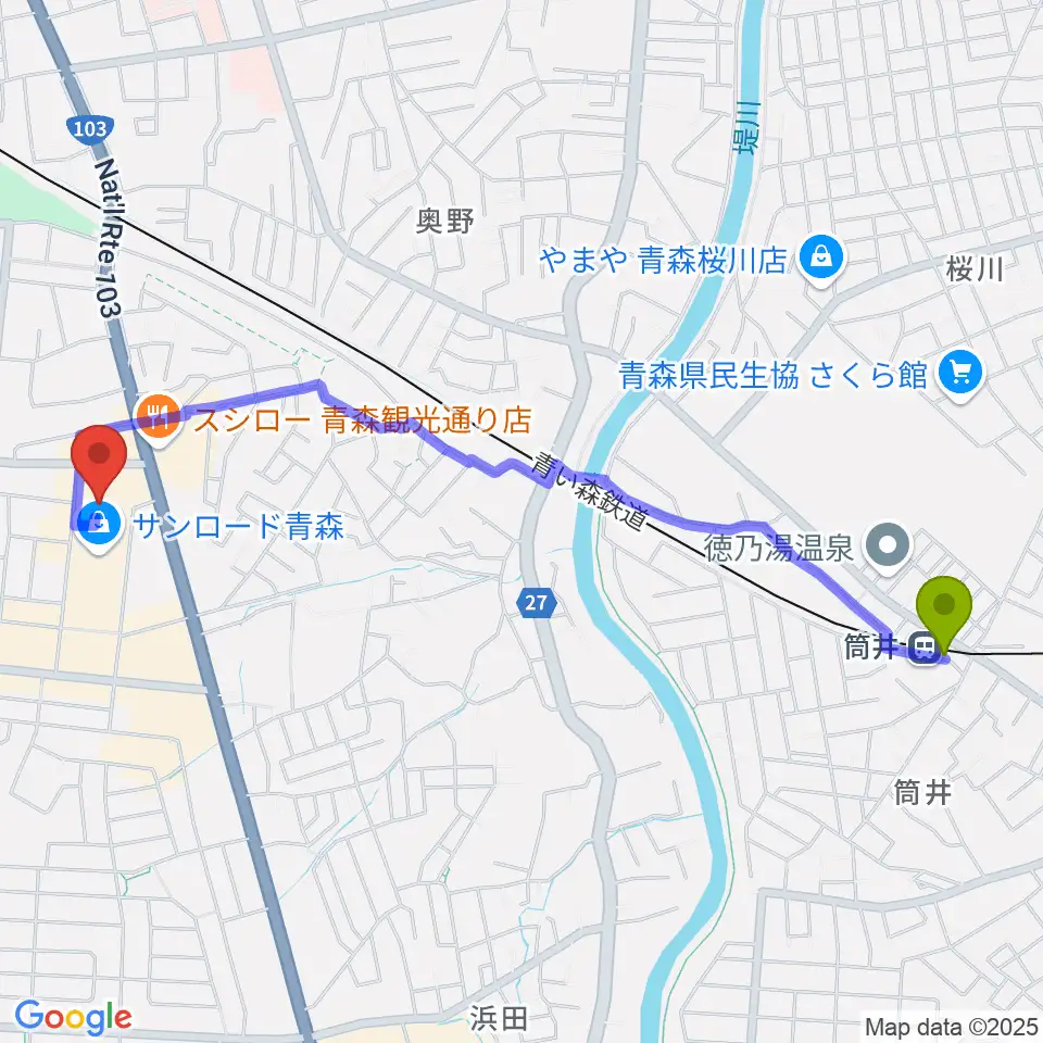カルチャーセンターRAB学苑の最寄駅筒井駅からの徒歩ルート（約24分）地図