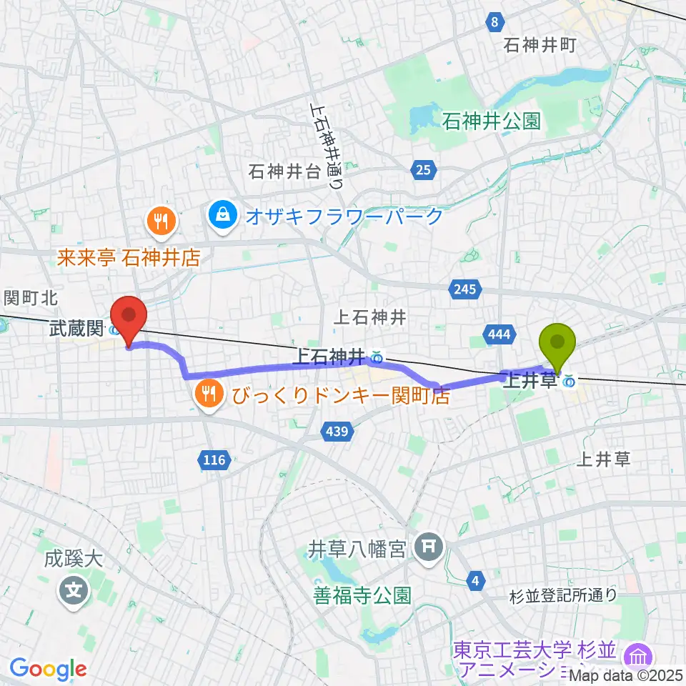 上井草駅からスタヂオワイズへのルートマップ地図