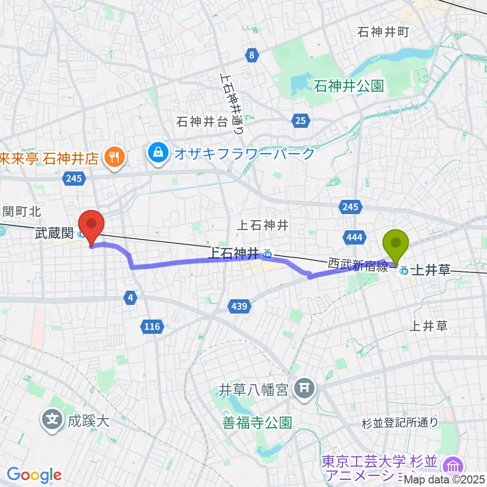 上井草駅からスタヂオワイズへのルートマップ地図