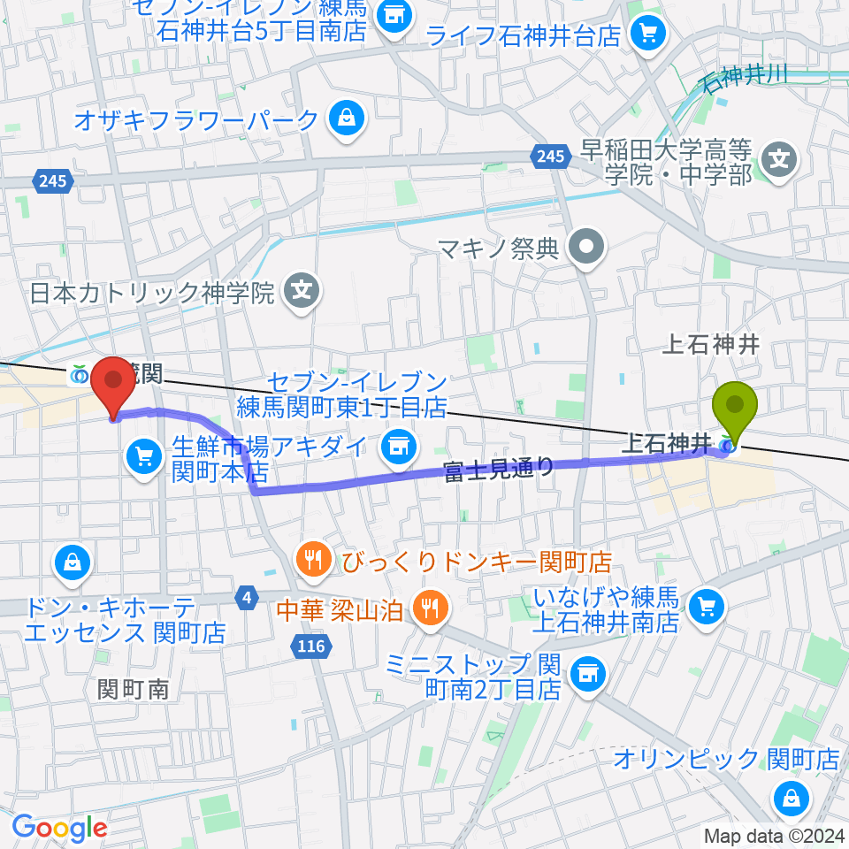 上石神井駅からスタヂオワイズへのルートマップ地図