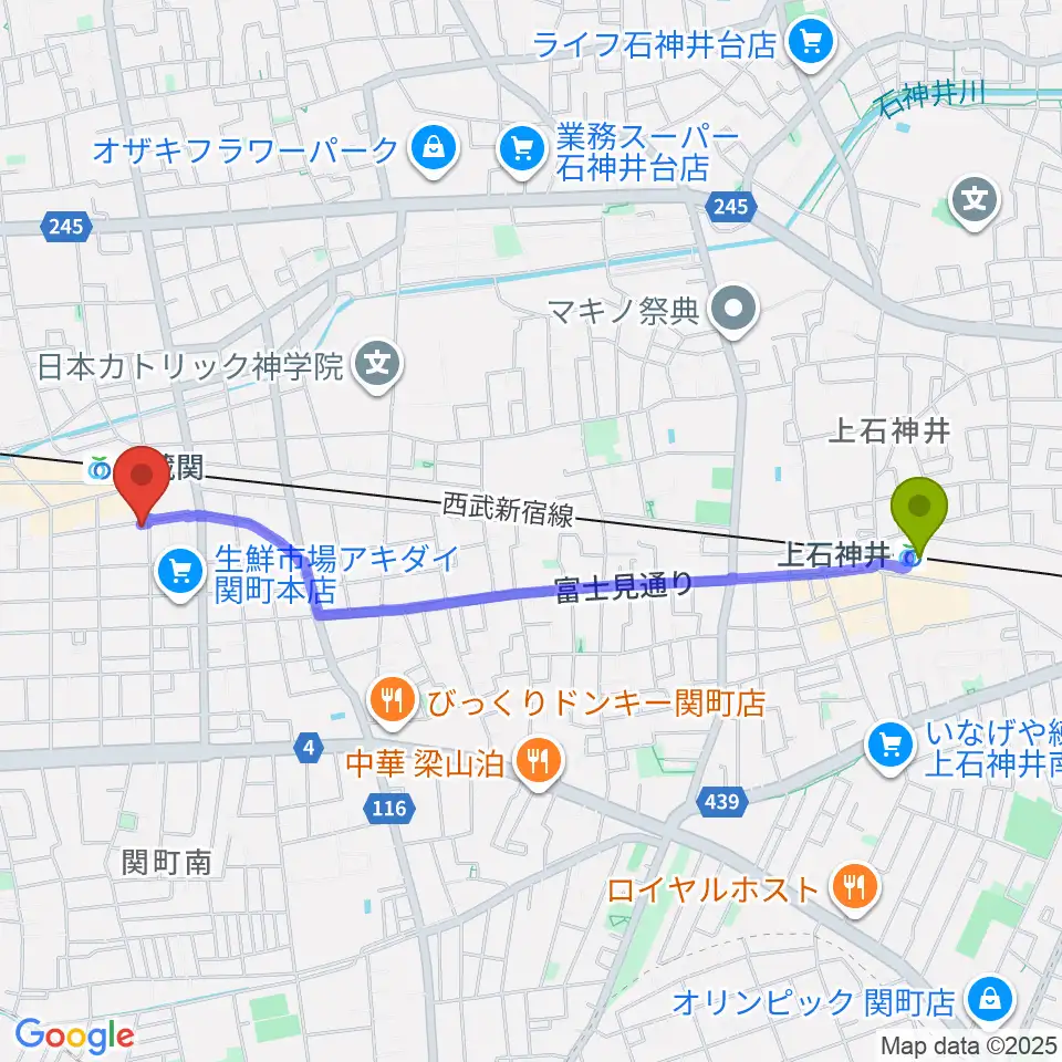上石神井駅からスタヂオワイズへのルートマップ地図