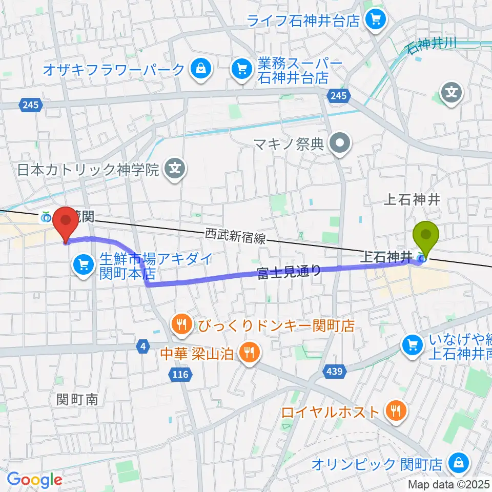 上石神井駅からスタヂオワイズへのルートマップ地図