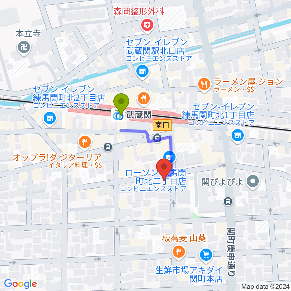 スタヂオワイズの最寄駅武蔵関駅からの徒歩ルート（約2分）地図