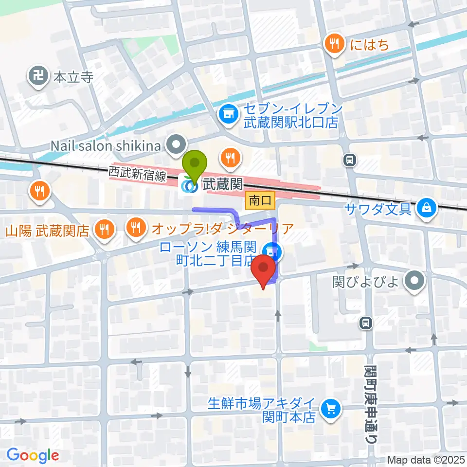 スタヂオワイズの最寄駅武蔵関駅からの徒歩ルート（約2分）地図