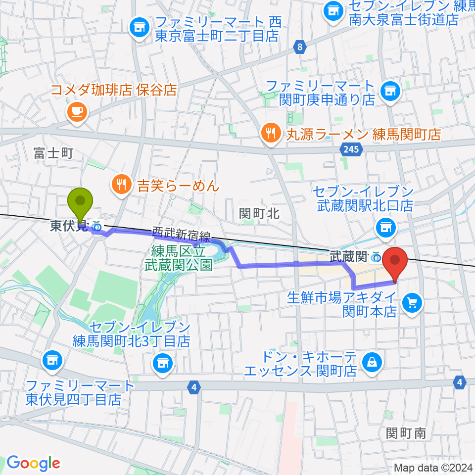 東伏見駅からスタヂオワイズへのルートマップ地図