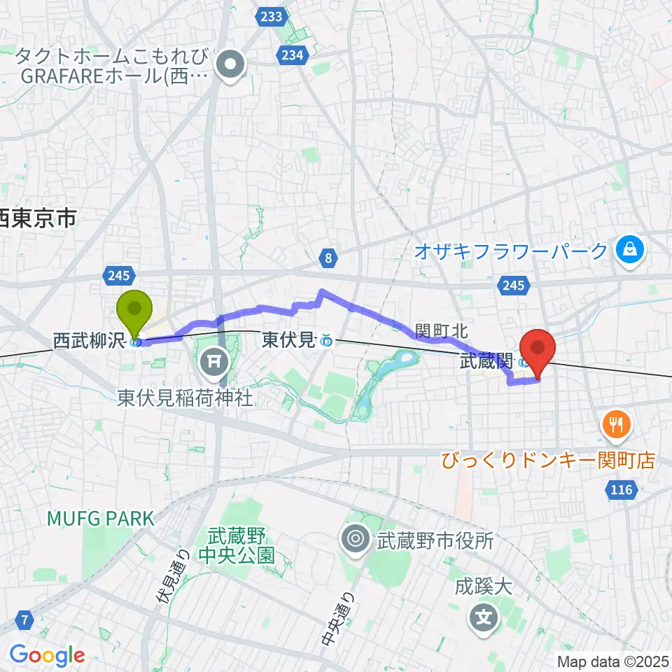 西武柳沢駅からスタヂオワイズへのルートマップ地図