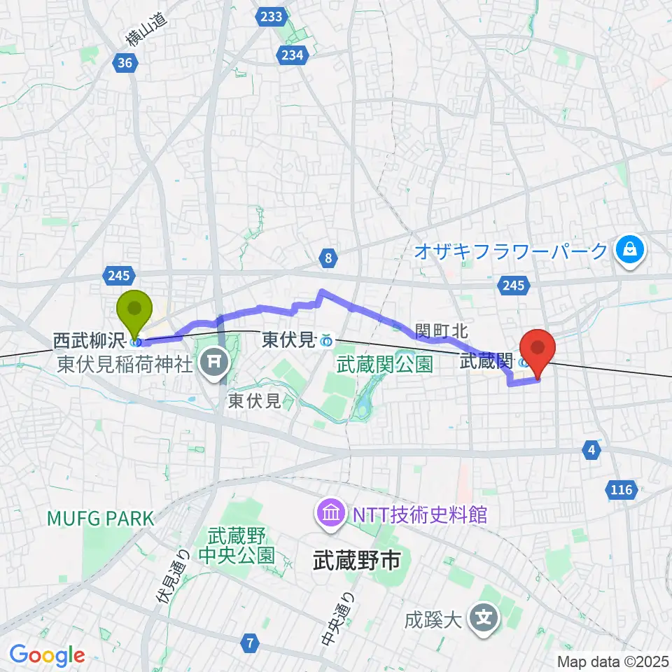 西武柳沢駅からスタヂオワイズへのルートマップ地図