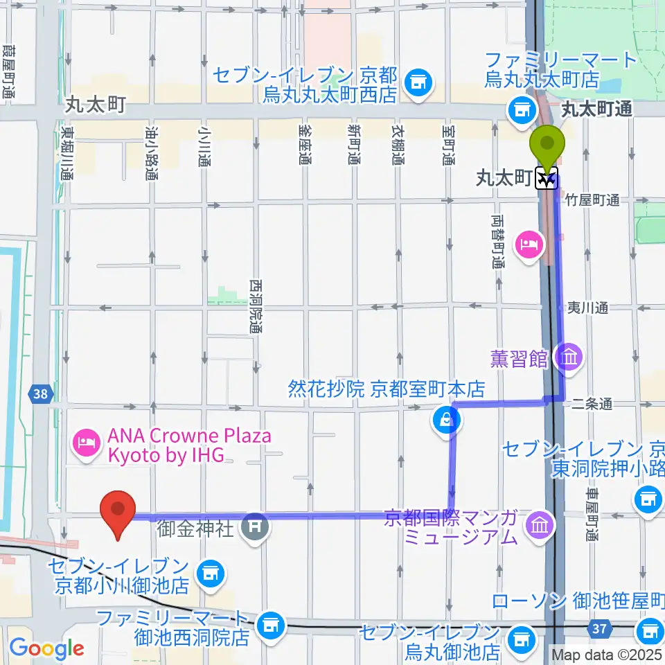 丸太町駅から京都子どもの音楽教室へのルートマップ地図