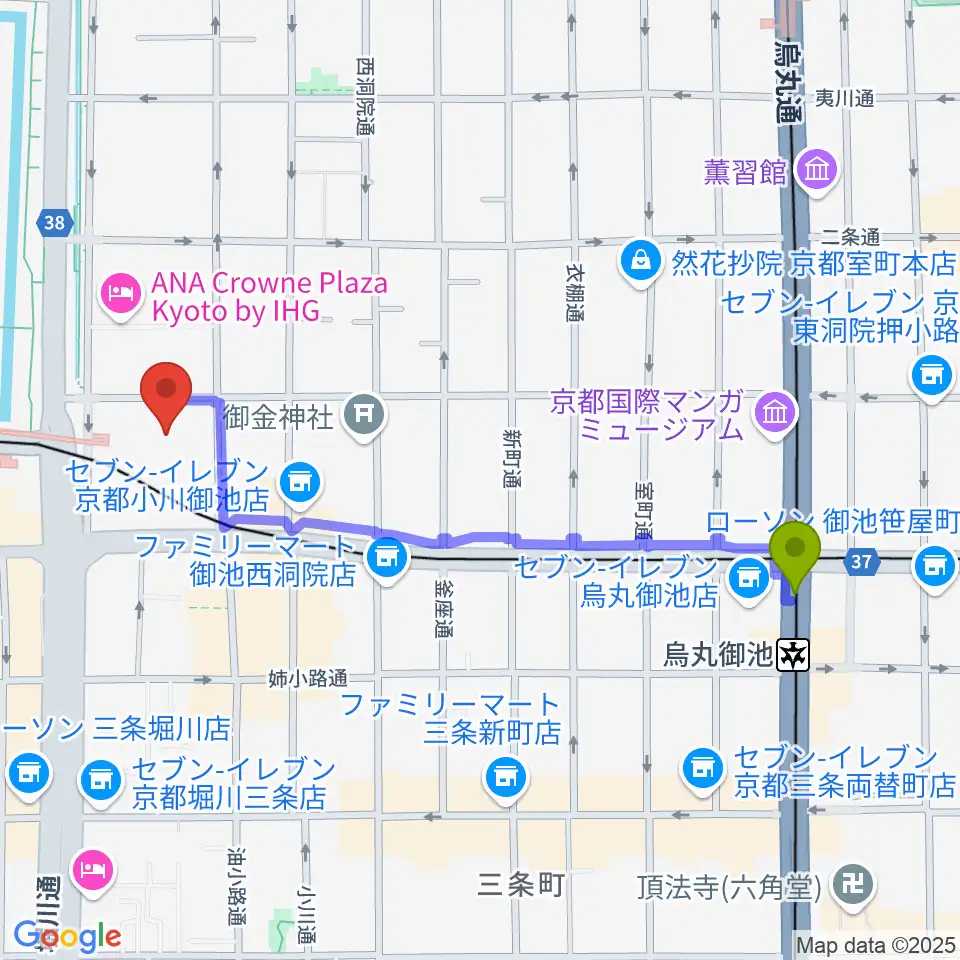 烏丸御池駅から京都子どもの音楽教室へのルートマップ地図
