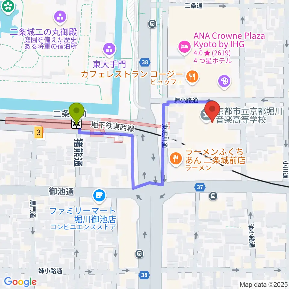 京都子どもの音楽教室の最寄駅二条城前駅からの徒歩ルート（約4分）地図