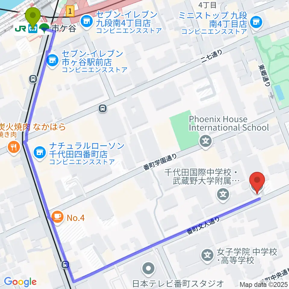 市ケ谷駅から東京ビジュアルアーツへのルートマップ地図