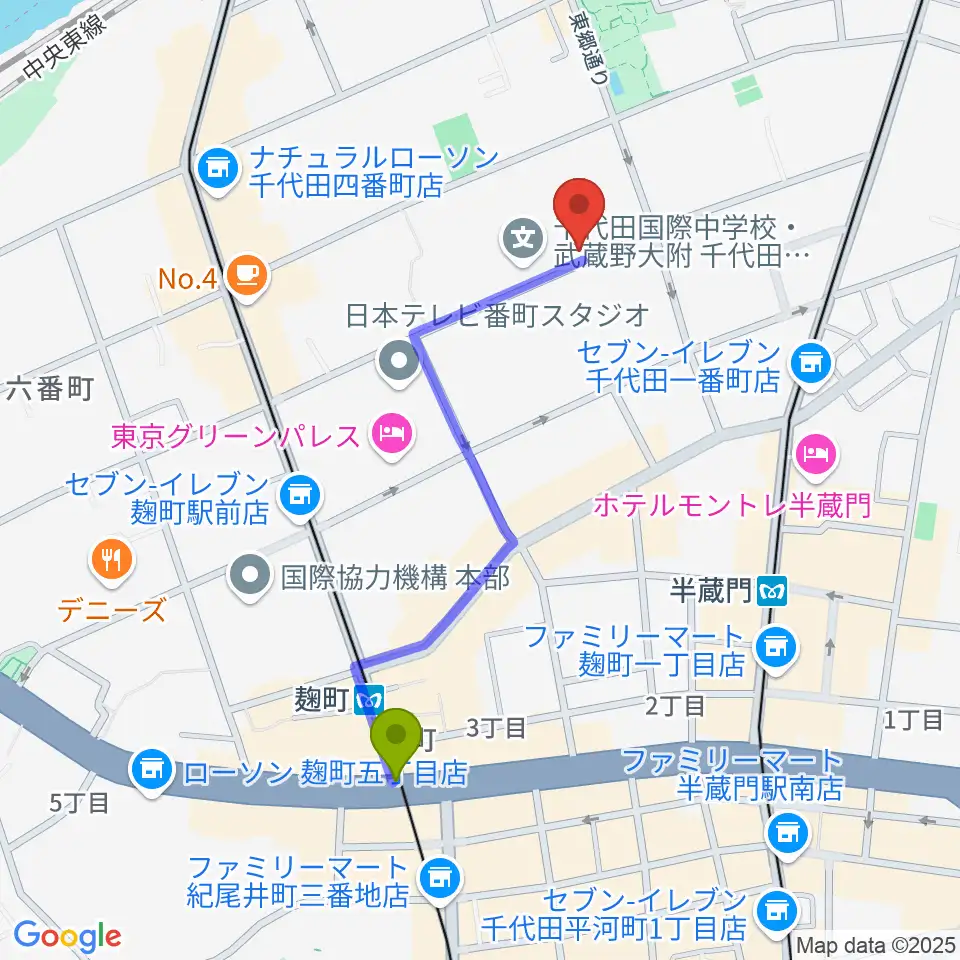 麹町駅から東京ビジュアルアーツへのルートマップ地図