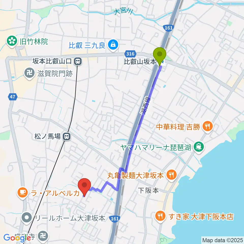 比叡山坂本駅から小林ピアノ教室へのルートマップ地図